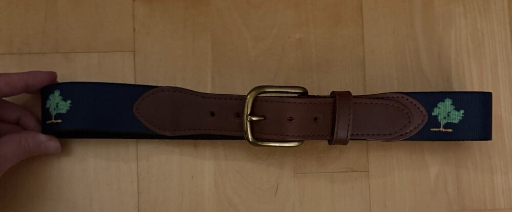 Thomas Bates Brown Leather Tab Twill Surcingle Blue Trees Belt 28